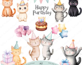 Cute Cat Birthday Clipart Bundle, Illustrated Cats PNG, Watercolor Party Kitties, Festive Kitten Clipart