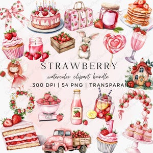 Paquete de imágenes prediseñadas de fresas de acuarela, linda fruta de verano PNG, imágenes prediseñadas de primavera, diario basura, pegatinas digitales, álbumes de recortes, uso comercial