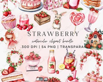 Clipart de fresa de acuarela, clipart de primer cumpleaños con bayas, clipart de lazo de fresa, clipart de postre de fresa, baby shower, clipart de fruta