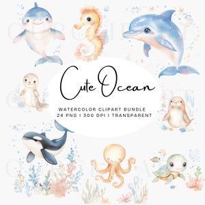 Cute Ocean Animals Clipart Bundle Cute Sea Animals PNG Watercolor Clipart Nursery Decor Sublimation Design Junk Journal DTF Digital Download
