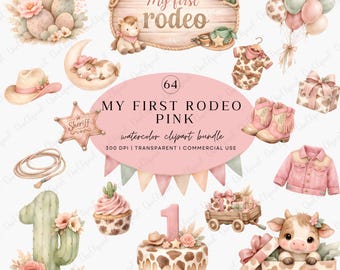 Mi primer rodeo, imágenes prediseñadas rosas, baby shower de vaquera, paquete PNG de primer cumpleaños estilo western