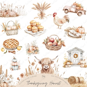 Op de afbeelding: Watercolor clipart collectie met het thema Thanksgiving Harvest. Bevat illustraties van pompoenen, een haan, een taart, een fruitmand, een vrachtwagen, een koe, muffins en een boerderij. De tekst "Thanksgiving Harvest" is zichtbaar.
