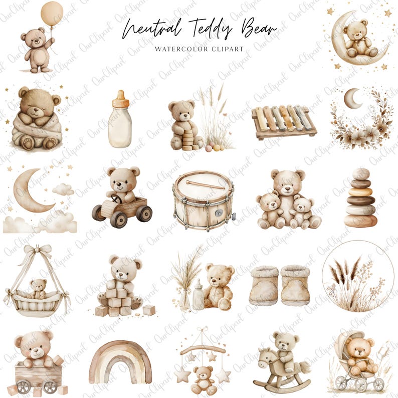 Neutral Teddy Bear Clipart Bundle, Boho Baby Bear PNG, Gender Neutral ...