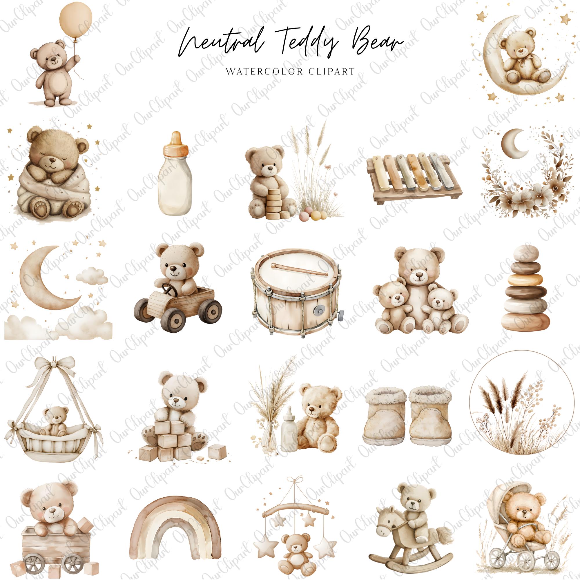 Neutral Teddy Bear Clipart Bundle, Boho Baby Bear PNG, Gender Neutral ...
