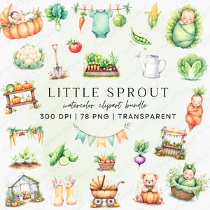 May include: Watercolor clipart bundle featuring various baby and garden-themed illustrations. Includes images of babies, vegetables, pumpkins, a stroller, and the text "LITTLE SPROUT watercolor clipart bundle".
