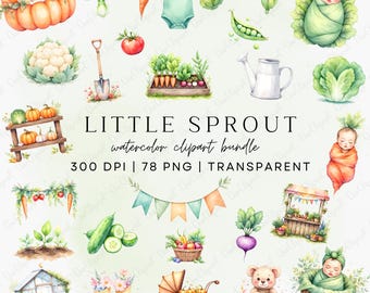 Little Sprout Baby Shower Clipart Bundle, Farmers Market PNG, Vegetable Clipart, Botanical Baby, Locally Grown Baby Invite, Digital Download