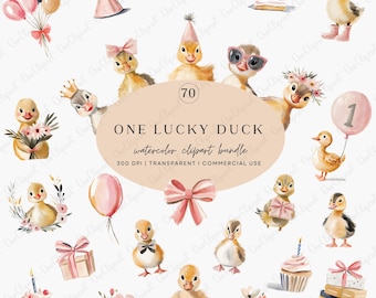 Pacchetto di clipart di un'anatra fortunata - Anatre rosa carine con acquerello per il compleanno in formato PNG
