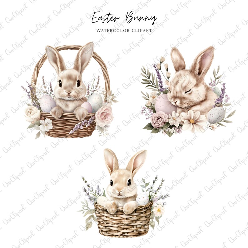 Realistic Bunny Easter Clipart Bundle, Lavender Floral Rabbit PNG ...