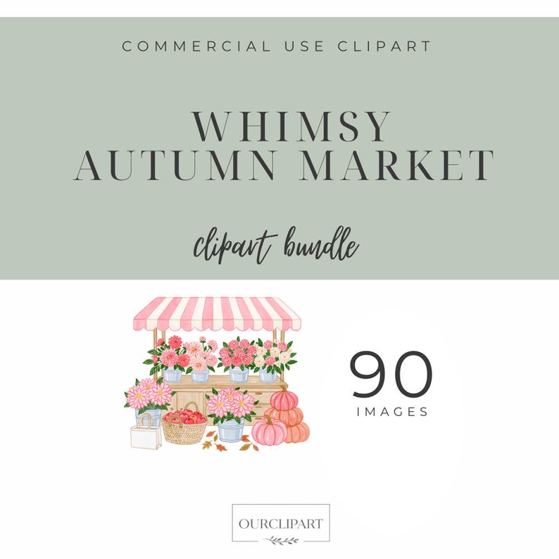 Whimsical Autumn Market watercolor clipart bundle featuring 90 PNG files with flower market stalls, farmers market stands, pumpkins, apples, pies, floral bouquets, trendy women, men and children, cozy storefronts, bakery, boutique, vintage truck, autumn trees, wreaths, floral frames, harvest baskets, and fall decorations on transparent backgrounds.