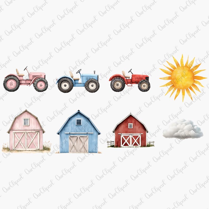 Farm Animal Clipart Bundle, Cute Tractor, Barn PNG, Watercolor Nursery ...