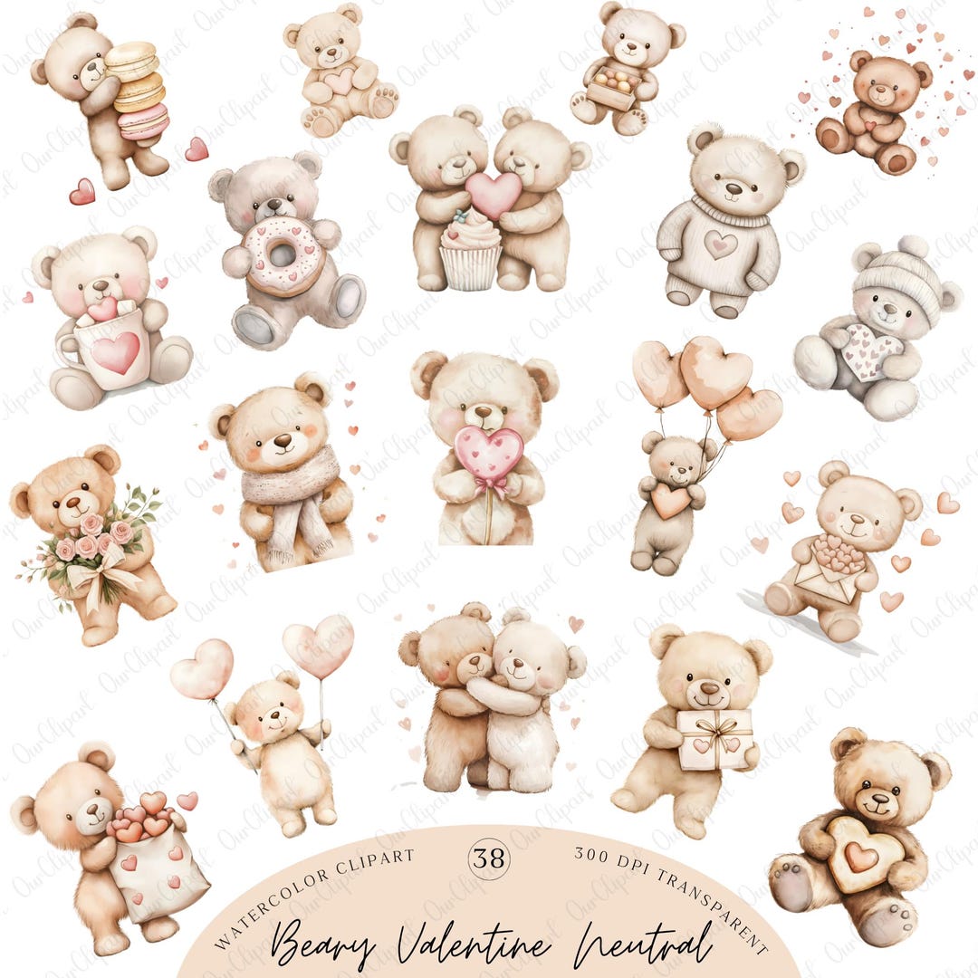 Valentine Teddy Bear Clipart Bundle – Heart Balloons & Watercolor Bears ...