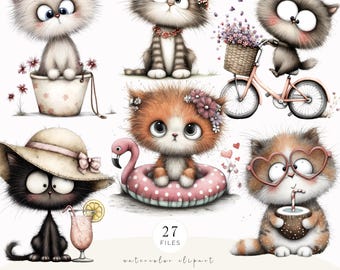 Whimsical Summer Cats Clipart Bundle, Cute Kitten PNG, Quirky Watercolor Cats, Digital Download