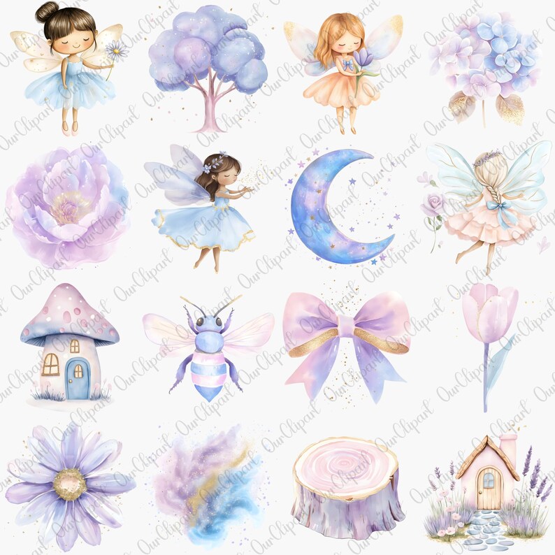 Fairy Garden Clipart PNG Bundle, Purple Watercolor Fairies and Fairy ...
