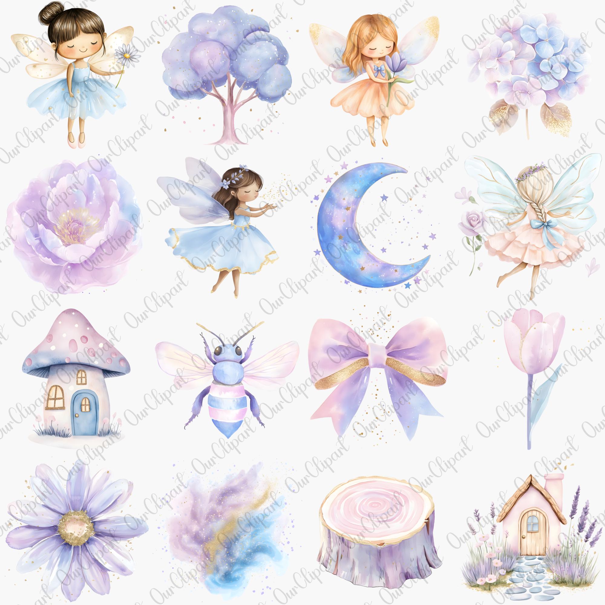 Fairy Garden Clipart PNG Bundle, Purple Watercolor Fairies and Fairy ...