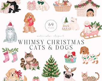 May include: A collection of watercolor illustrations featuring cats and dogs in holiday settings, including a black puppy with a scarf, a French bulldog, a Christmas tree, presents, stockings, a sled, and a snow globe with the text 69 FILES.