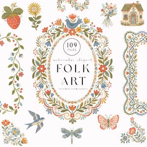 May include: Watercolor clipart set featuring folk art designs. Includes floral borders, an oval frame with the text "FOLK ART", a strawberry, a bird, a butterfly, a dragonfly, a house, and other floral elements. The color palette includes red, blue, green, and orange.
