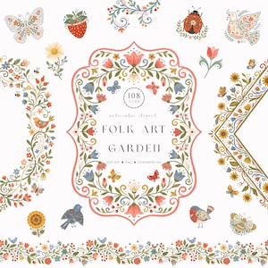 Könnte beinhalten: Eine digitale Sammlung von Aquarellillustrationen mit einem zentralen dekorativen Rahmen, Blumenkränzen und Bordüren. Der Text lautet 108 FILES, watercolor clipart, FOLK ART GARDEN, 300 DPI, PNG, COMMERCIAL. Enthält Schmetterlinge, Vögel und Insekten.