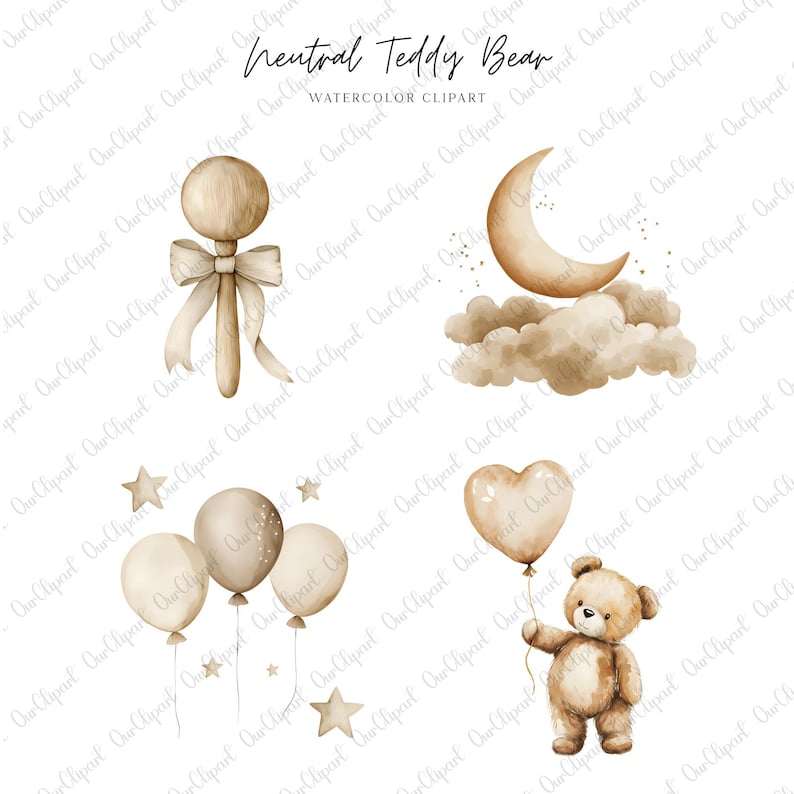 Neutral Teddy Bear Clipart Bundle, Boho Baby Bear PNG, Gender Neutral ...