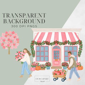 Whimsical Autumn Market watercolor clipart bundle featuring 90 PNG files with flower market stalls, farmers market stands, pumpkins, apples, pies, floral bouquets, trendy women, men and children, cozy storefronts, bakery, boutique, vintage truck, autumn trees, wreaths, floral frames, harvest baskets, and fall decorations on transparent backgrounds.