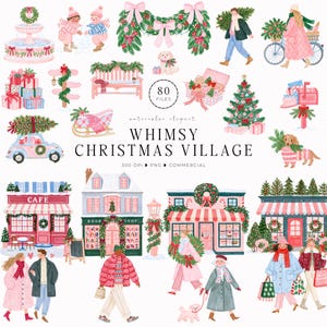 Peut inclure: Une collection d'illustrations à l'aquarelle sur le thème d'un village de Noël, comprenant des bâtiments, des personnages, une voiture, un vélo, une boîte aux lettres, une fontaine, un banc, un traîneau, un sapin, des cadeaux et un chien.