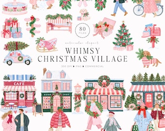 May include: A collection of watercolor illustrations featuring a Christmas village theme, including buildings, people, a car, a bicycle, a mailbox, a fountain, a bench, a sleigh, a Christmas tree, gifts, and a dog, with the text Whimsy Christmas Village.