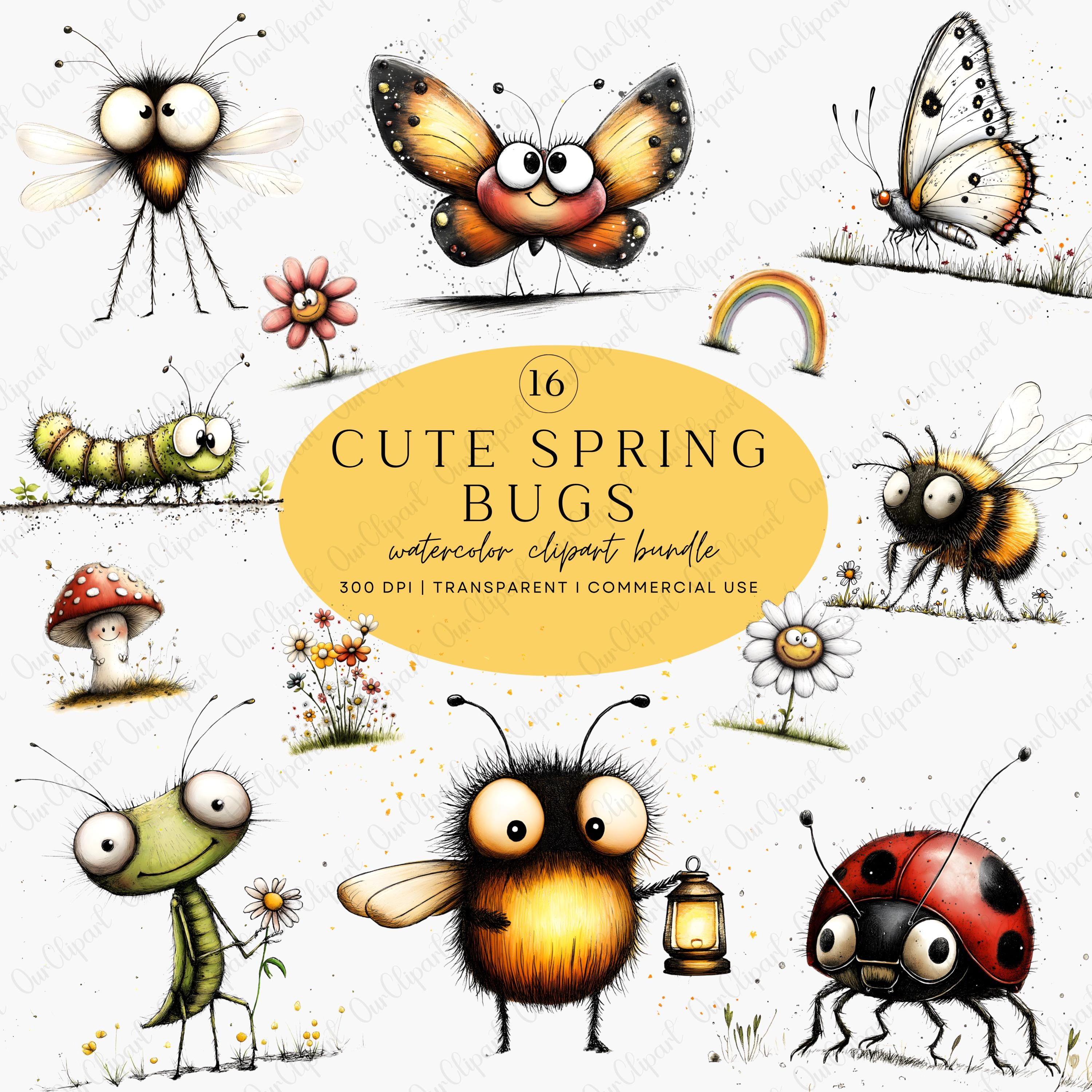 Spring Bug Artwork Whimsical Spring Bugs Clipart Bundle, Watercolor Insects, Cute Quirky ...