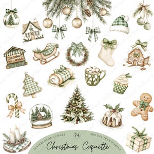 Könnte beinhalten: Aquarell-Cliparts mit Weihnachtsmotiven. Das Bild zeigt einen Weihnachtsbaum, ein Lebkuchenhaus, Ornamente, Schleifen, eine Schneekugel und einen Lebkuchenmann. Die Farbpalette umfasst Grün-, Weiß- und Brauntöne. Der Text unten lautet "Christmas Coquette".