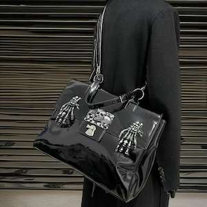 Gothic Schwarz Lackleder Einkaufstasche - Skull & Skeleton Hand Punk Schultertasche, Grunge Handtasche mit großer Kapazität für Frauen
