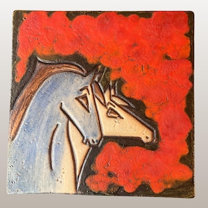 RUSCHA West German Fat Lava Wall Plaque | &quot;Dokumenta&quot; series | Adele Bolz | Horses | WGP | Mid Century Pottery | 1960s | 1970s