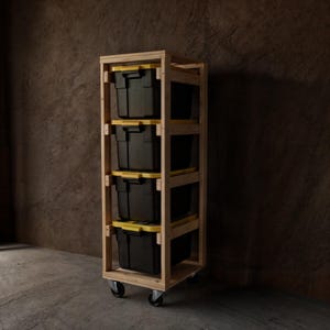 Tote Storage Work Bench | storage bin | costco tote storage | garage shelving | tote storage plan | diy tote rack plans |