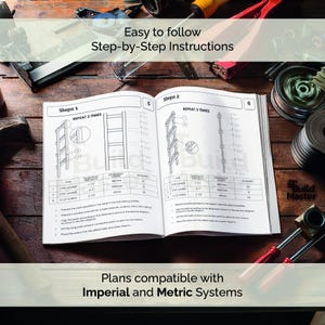 May include: Open instruction manual with step-by-step diagrams for a building project. The manual includes measurements in inches and centimeters. The text reads "Easy to follow Step-by-Step Instructions" and "Plans compatible with Imperial and Metric Systems."