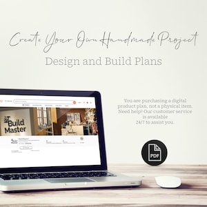 May include: A laptop displaying a website with the text "Build Master" and the words "Create Your Own Handmade Project" and "Design and Build Plans". A white mouse and a PDF icon are also visible.