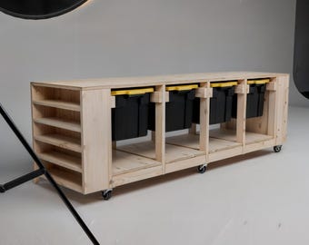 Tote Storage Work Bench | wood working plans | tote storage | storage bin | tote rack plans | diy tote rack | wooden tote holder