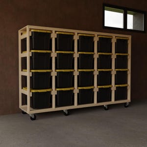 May include: A wooden storage shelf with wheels, holding 24 black storage bins with yellow lids. The shelf is made of natural wood and has a simple design.