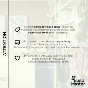 May include: An informational graphic with the word "ATTENTION" in large, bold text. The graphic provides details about digital download plans, custom sizes, and unique designs. It also encourages customers to follow the store for updates.