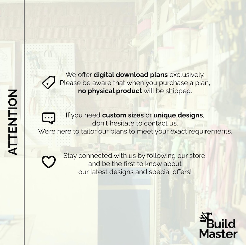 May include: An informational graphic with the word "ATTENTION" in large, bold text. The graphic provides details about digital download plans, custom sizes, and unique designs. It also encourages customers to follow the store for updates.
