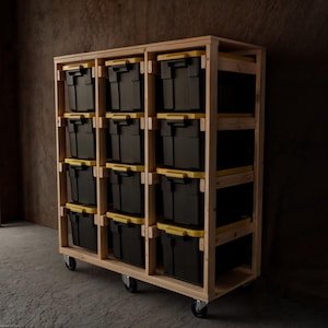 Tote Storage Work Bench | rolling tote storage | tote storage | tote storage shelf | basement storage | diy garage shelves