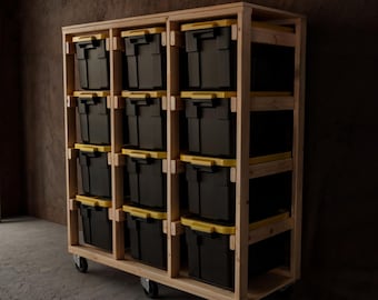 Tote Storage Work Bench | rolling tote storage | tote storage | tote storage shelf | basement storage | diy garage shelves