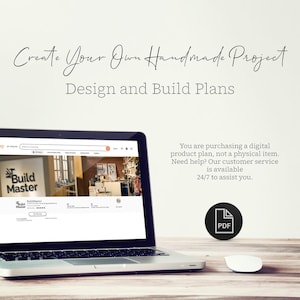 May include: A laptop displaying a website with the text "Build Master" on the screen. The image includes the text "Create Your Own Handmade Project" and "Design and Build Plans". A PDF icon and a computer mouse are also visible.