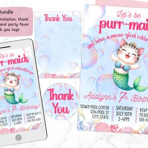 Purr-Maid verjaardagsuitnodiging, Summer Pool Party, Girl's Birthday Party, digitale download, 5 x 7 afdrukken, digitaal delen, bedankkaartbundel