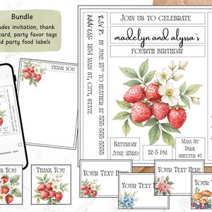 Vintage aardbei verjaardagsuitnodiging, aanpasbaar, digitaal delen, 5 x 5 afdrukken, bedankkaarten, tags voor feestbedankjes, voedseletiketten, bundel
