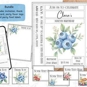 Vintage Blueberry-verjaardagsuitnodiging, aanpasbaar, digitaal delen, 5 x 5 afdrukken, bedankkaarten, tags voor feestgunsten, voedseletiketten, bundel