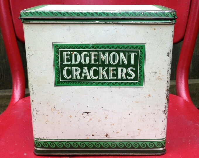 Vintage Green Cracker Tin, Edgemont Cracker Tin, Vintage Tin, Holiday