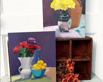 CHOICE Vintage Floral Red Flower Oil Painting Still Life Purple Yellow Bowl of Lemons Brown Jug Thick Wood Board