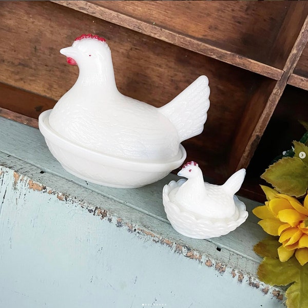 Vintage Hen Nest White Milk Glass Container Chicken Rooster Farmhouse Kitchen Translucent Opalescent CHOICE ONE