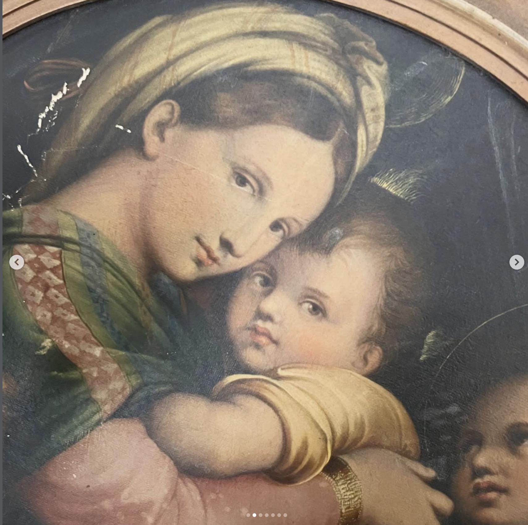 Antique Raphael's Madonna of the Chair Della Sedia Print Round Chippy ...