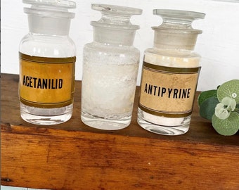 Antique Apothecary Pharmaceutical Clear Glass Jars Bottles Stoppers Labels Acetanili Antipyrine SET OF 3