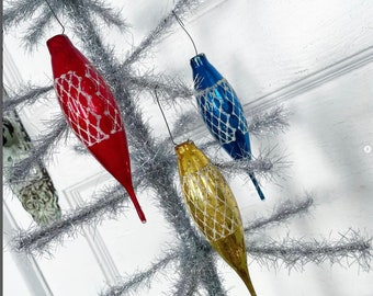 Décorations de Noël vintage glaçons en forme de larme pochoir pailleté en verre motif rouge or bleu bijou ton couleurs sans capuchons LOT DE 3