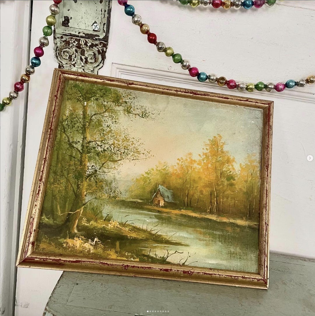 Vintage Oil Painting Autumn Lake House Landscape Stretched Canvas Paper ...