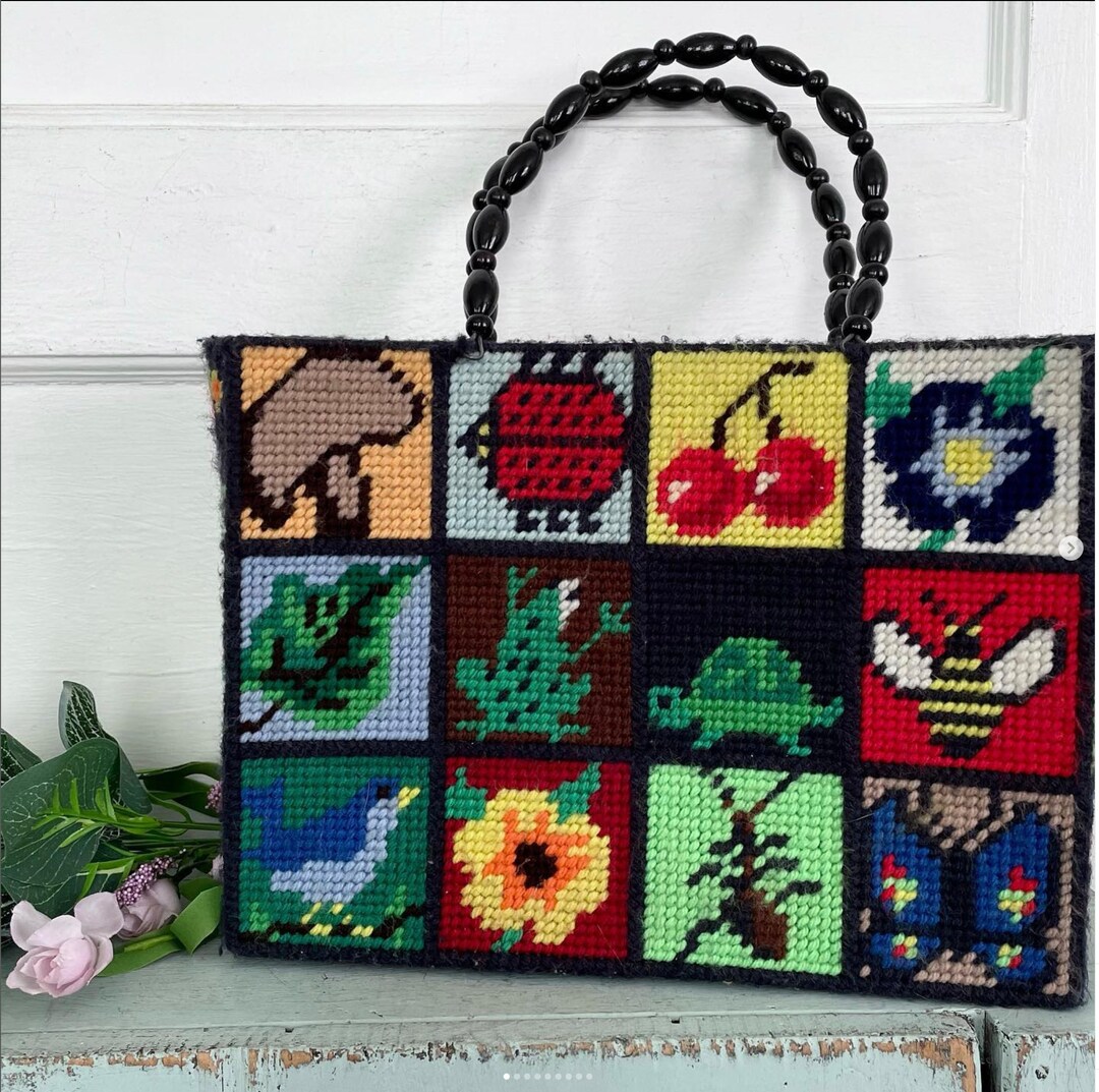 Vintage Plastic Canvas Needlepoint Tote Bag Columbia Minerva Etsy